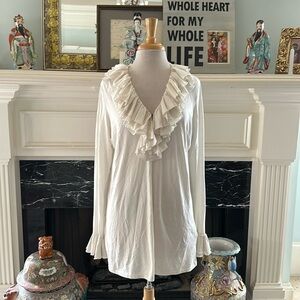 “RALPH LAUREN SPORT” Pima cotton blouse w/ ruffle trim at neck and sleeve
